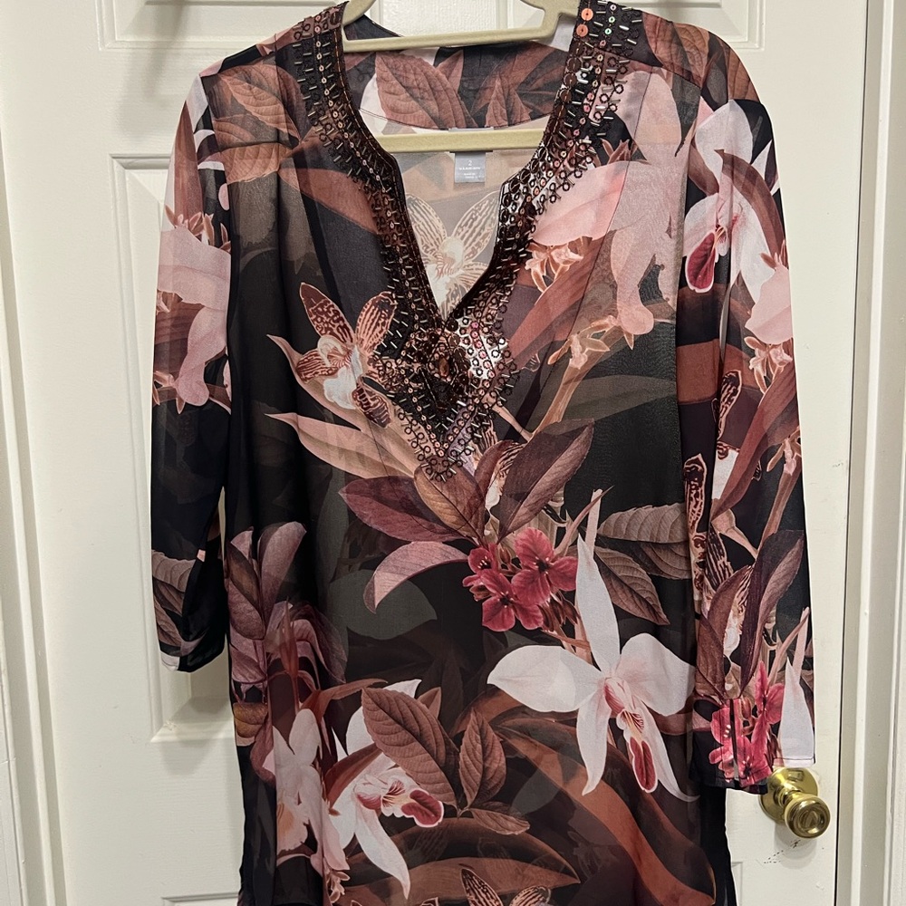 Chico's Floral V-Neck Tunic with Pink and Brown Accents